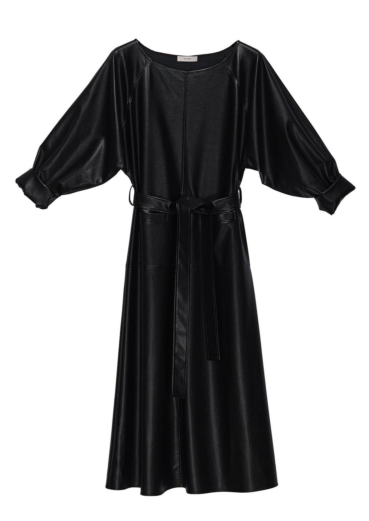 raglan sleeve tie front flare satin dress Ice Silk Crinkle Round Neck A-Line Work Dress with Decorative Button & Built-in Belt(MA308) Smoky gray / M main image 0