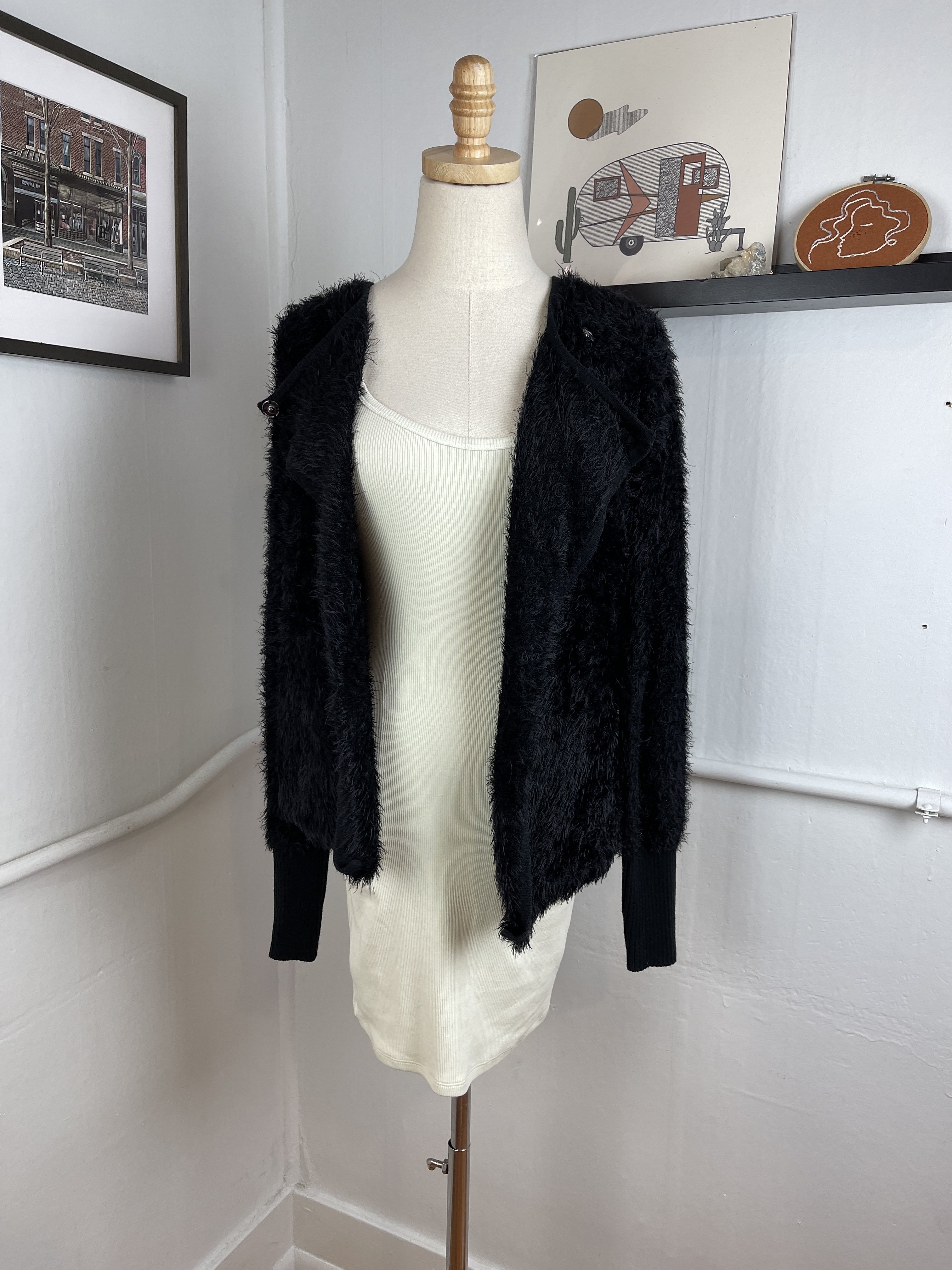 fuzzy black cardigan