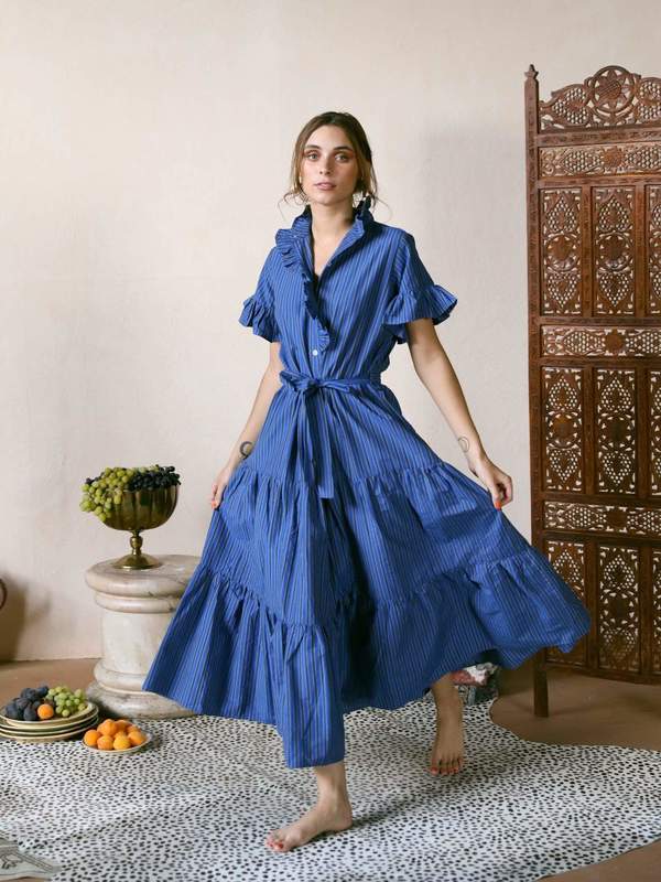 Victoria Dress in Cobalt Stripe-Blue on Garmentory