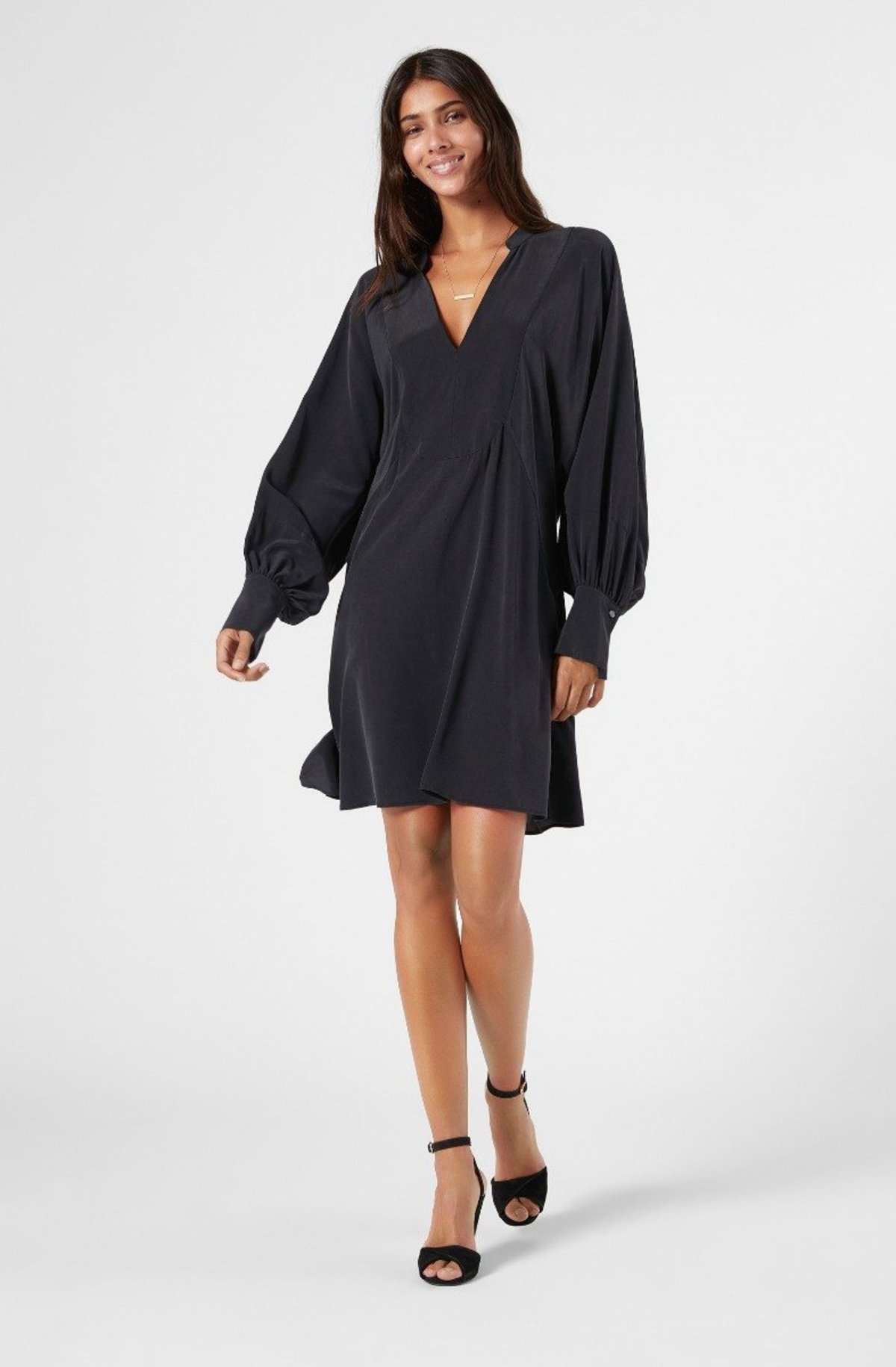 joie black silk dress Joie Dress Womens XS Black Silk LongSleeve Ruffle Hem Elastic Waist Blouson  Mini