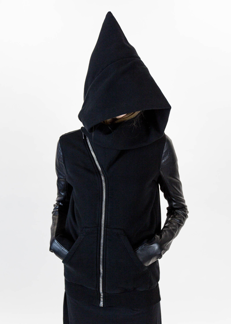 Rick Owens Drkshdw Black Long Mountain Hoodie with Leather Sleeves