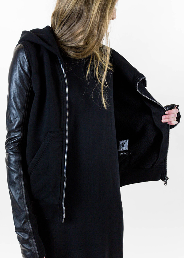 Rick Owens Drkshdw Black Long Mountain Hoodie with Leather Sleeves