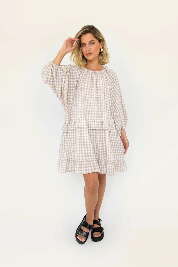 gingham beige dress Sunny Day Cutie Gingham Midi Dress main image 1