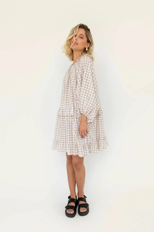 WILD HORSES Lola Mini Dress - Beige Gingham | Garmentory