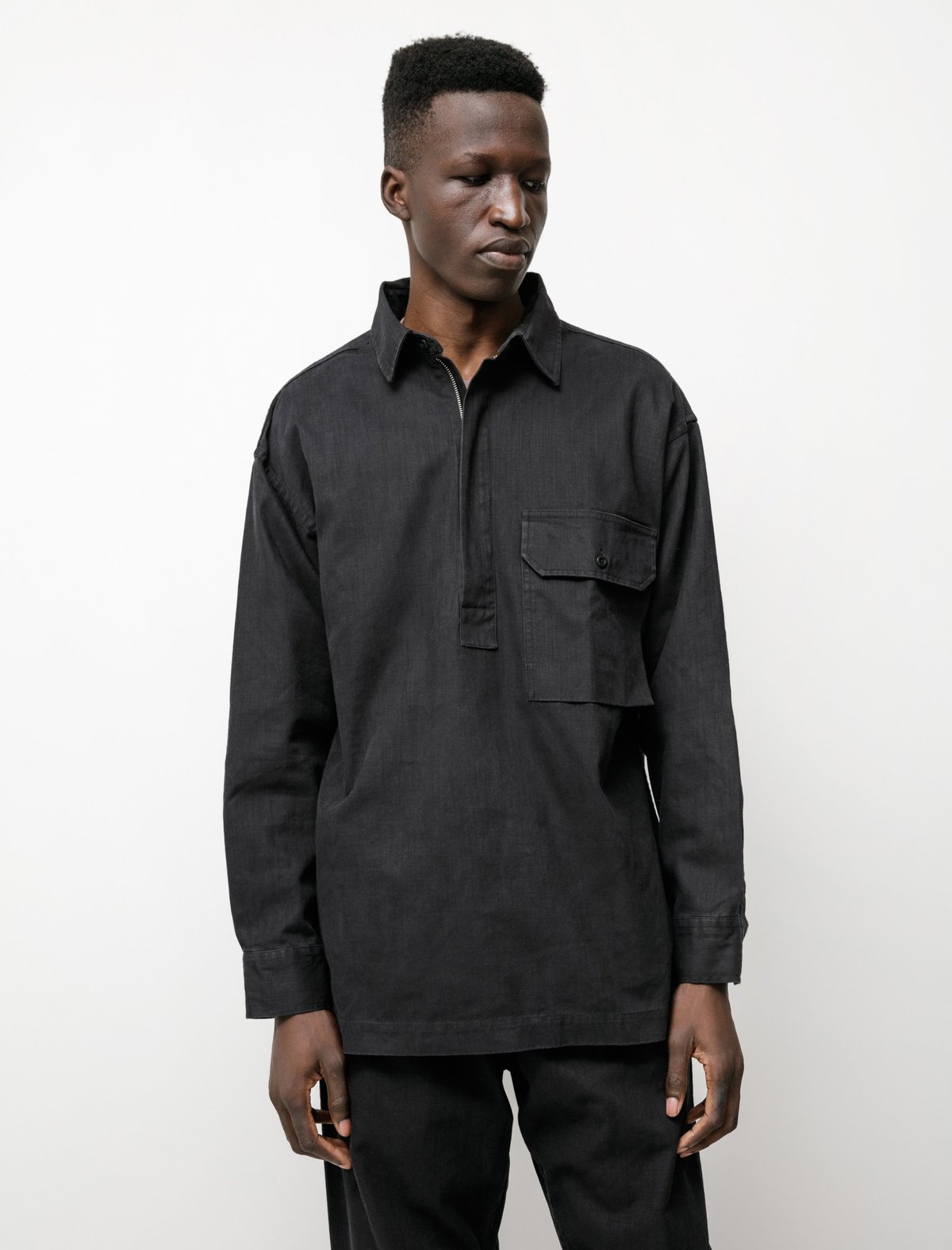 Margaret Howell MHL Fly Front Pull On Shirt - Indigo Twill 