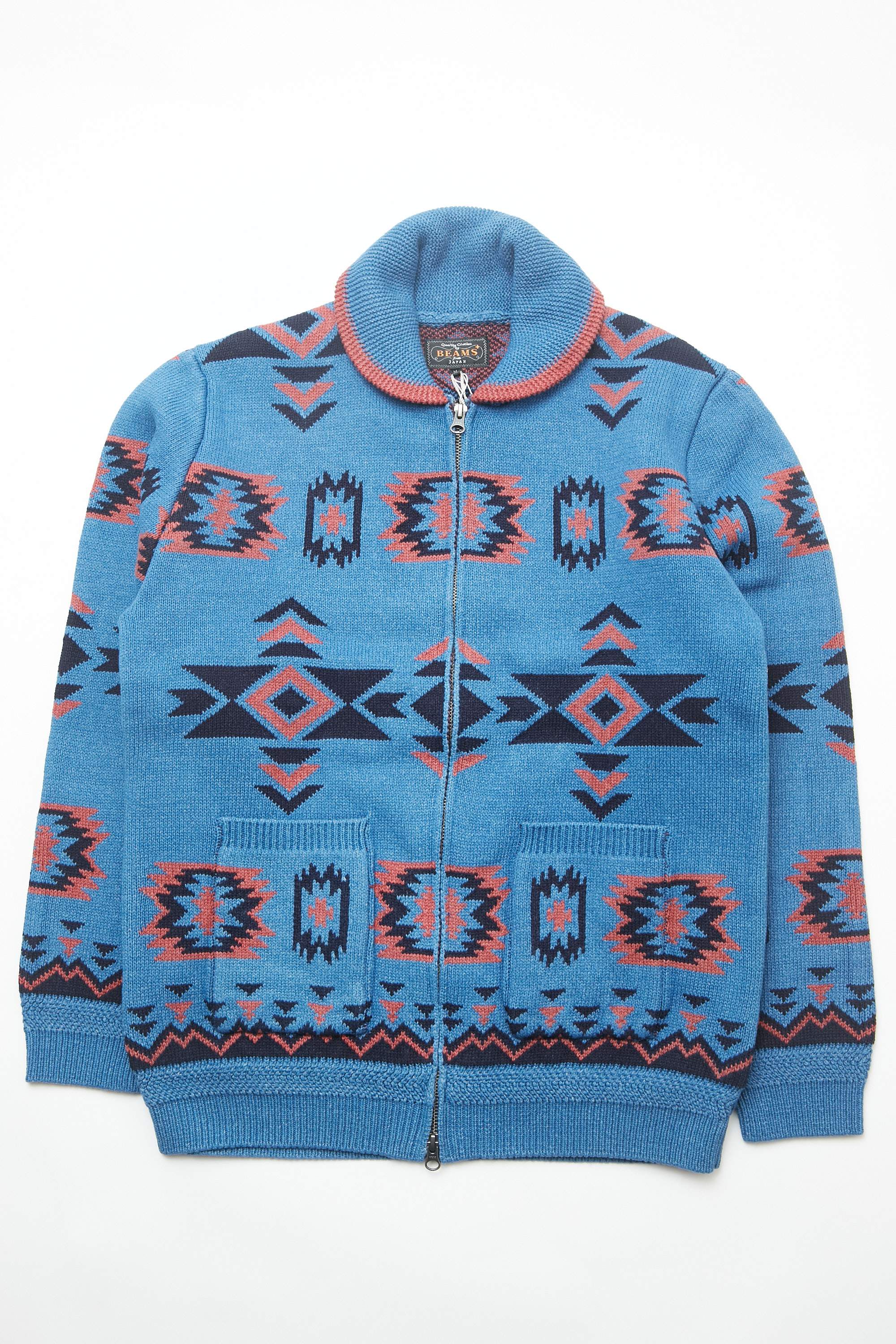 Beams Plus Zip Knit Cardigan - Indigo Jacquard/RED | Garmentory