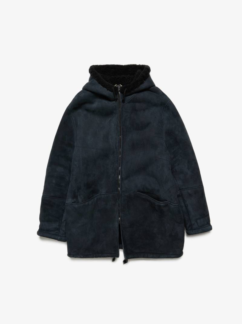 pre-loved Yeezy Season M Season Leather Hooded Sheepskin Coat dark navy
