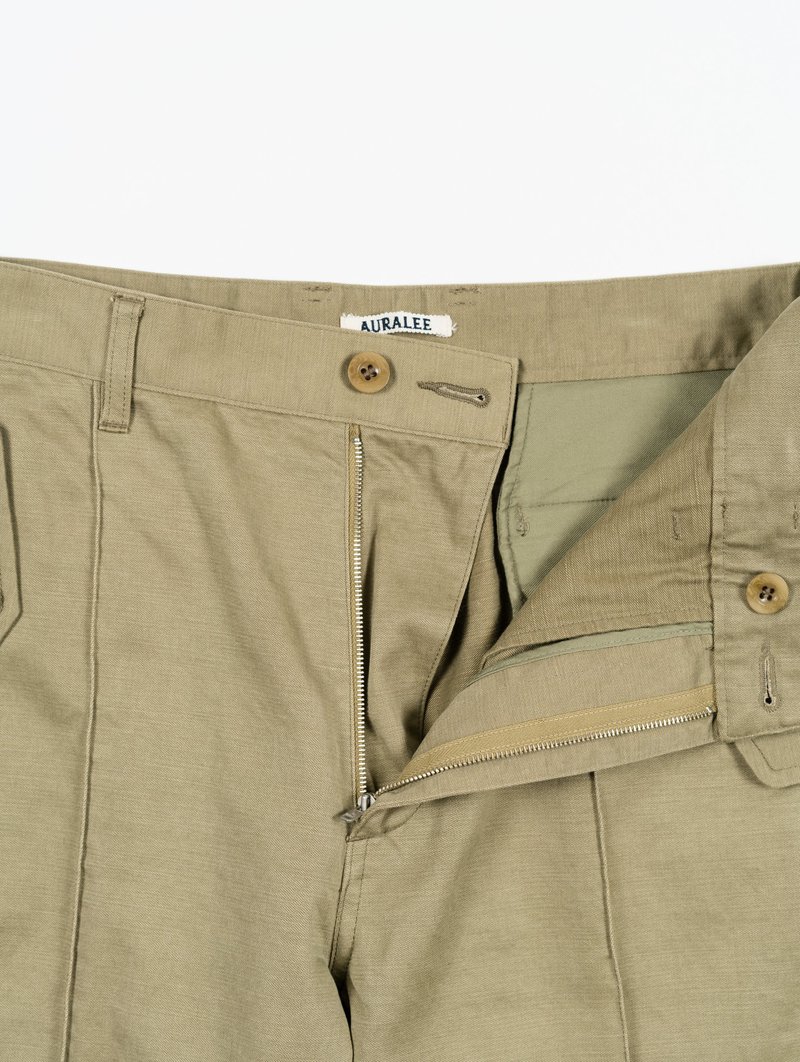 Auralee Washed Finx Buggy Satin Narrow Field Pants - Khaki Green