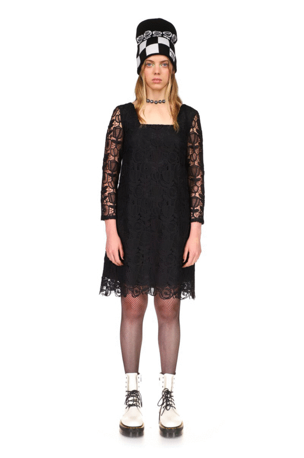 knee length dresses for ladies Black 'Celebration' Cocktail Dress Inspired by Madonna: Lace, Pearls & Edgy  Leather Straps – Liina Stein main image 1