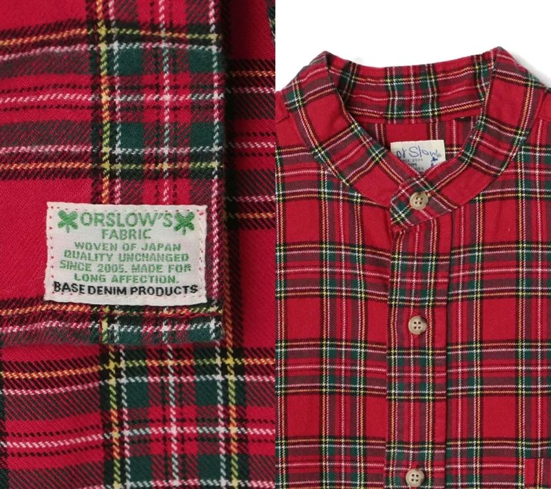 Orslow Loose Fit Stand Collar Shirt - Red Check | Garmentory