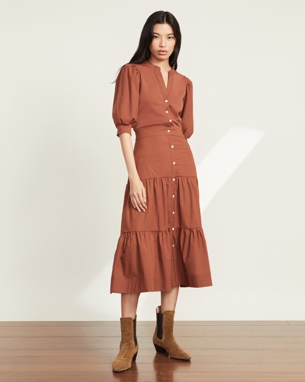 Veronica Beard Davenport Tiered Midi Dress - Nutmeg | Garmentory