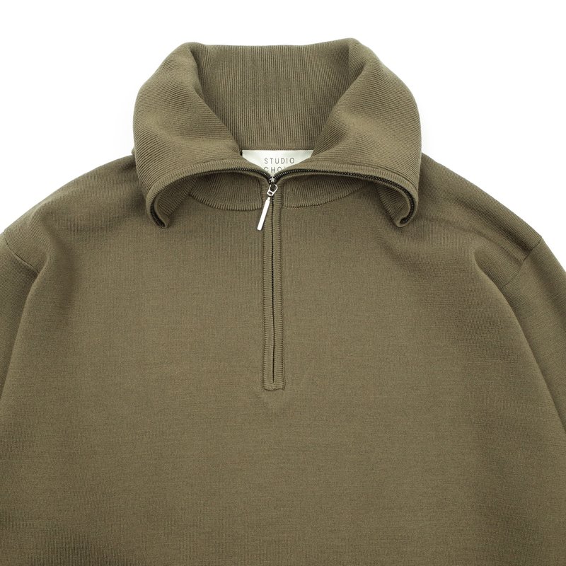Studio Nicholson LAK HALF ZIP KNIT SWEATER - ARMY GREEN | Garmentory