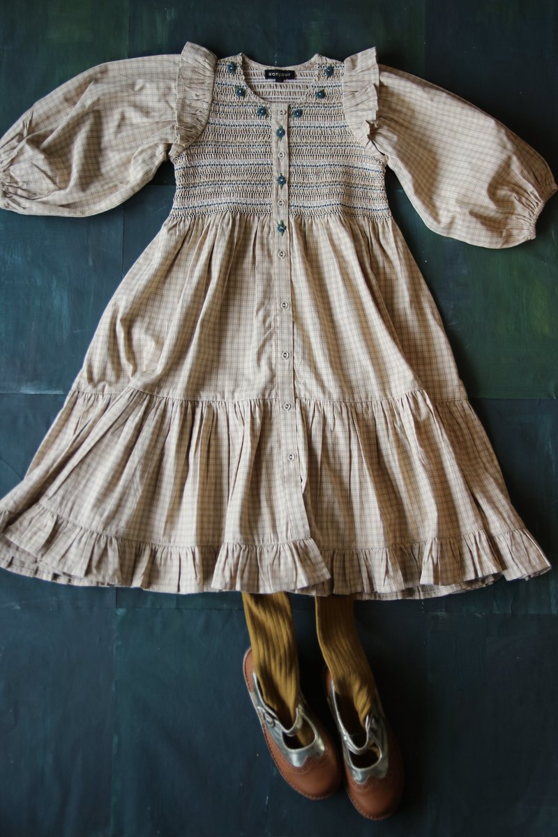 Kids Bonjour Ibiza Dress - Small Beige Check | Garmentory