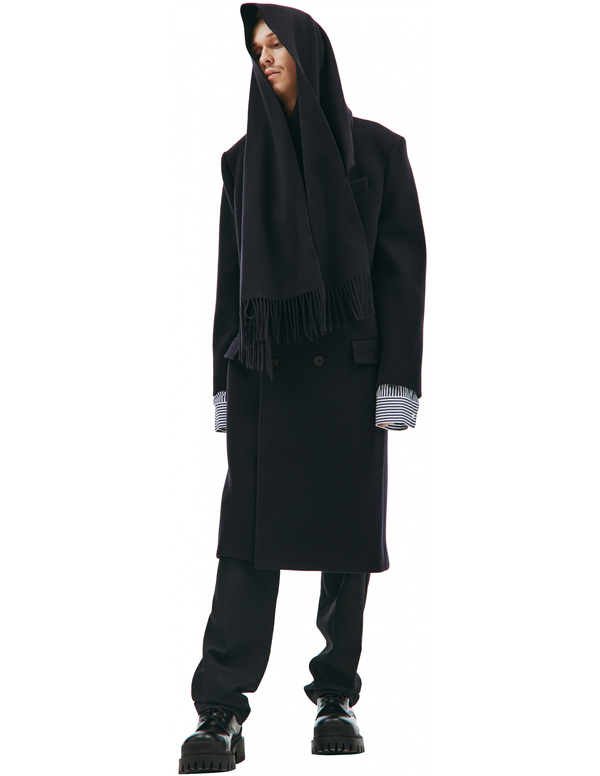 Balenciaga Wool Coat With Scarf - Navy Blue | Garmentory