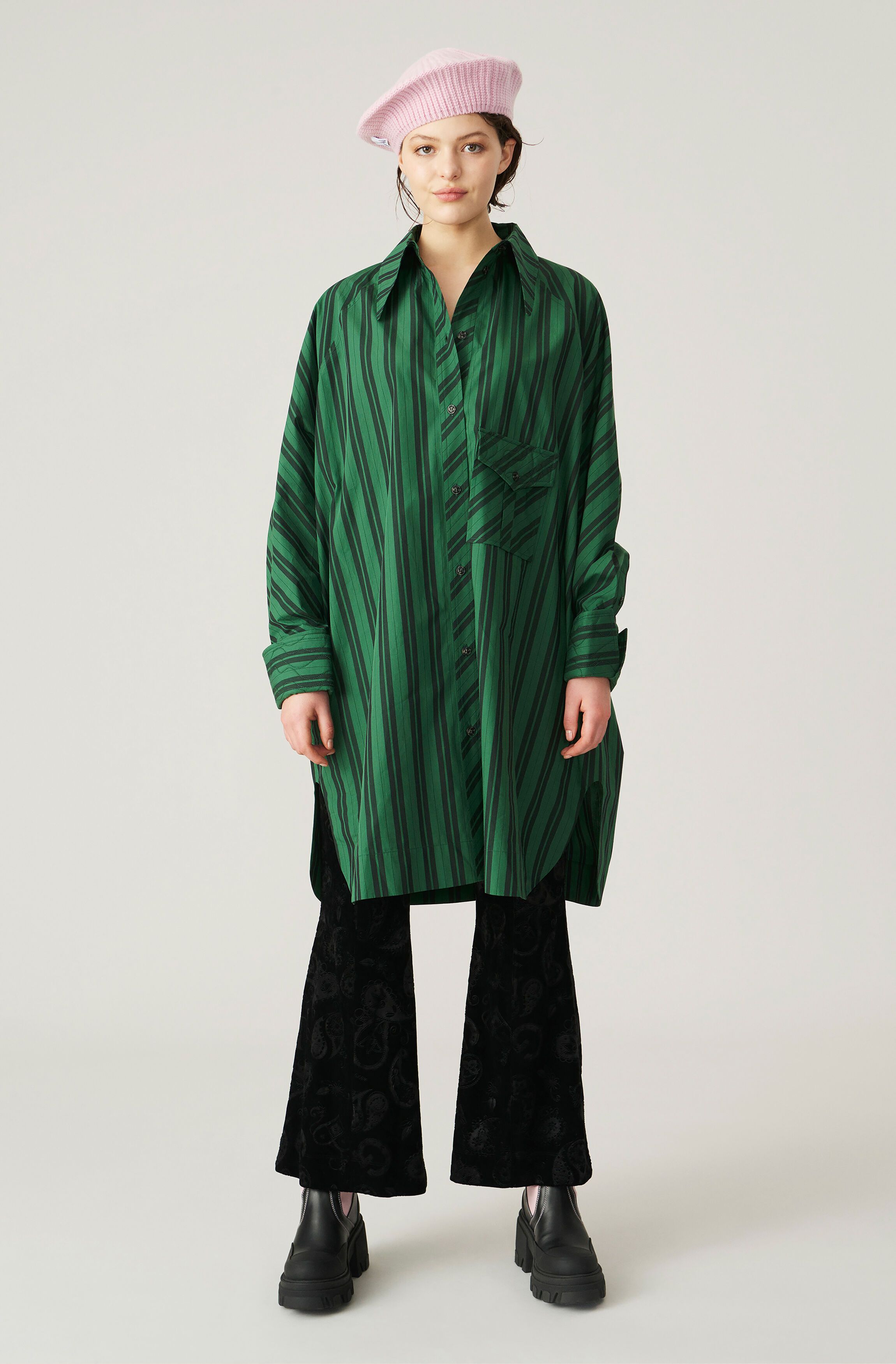 Ganni Stripe Cotton Oversize Shirt Dress - Dark Green | Garmentory