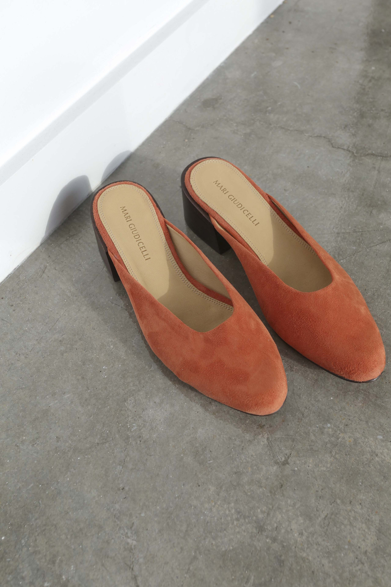 orange suede mules