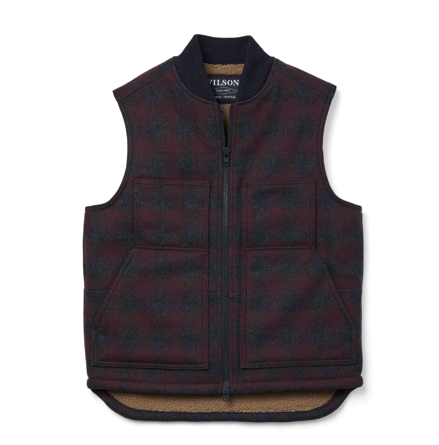 Filson Men's Lined Mackinaw Wool Work Vest Maroon/Charcoal Plaid