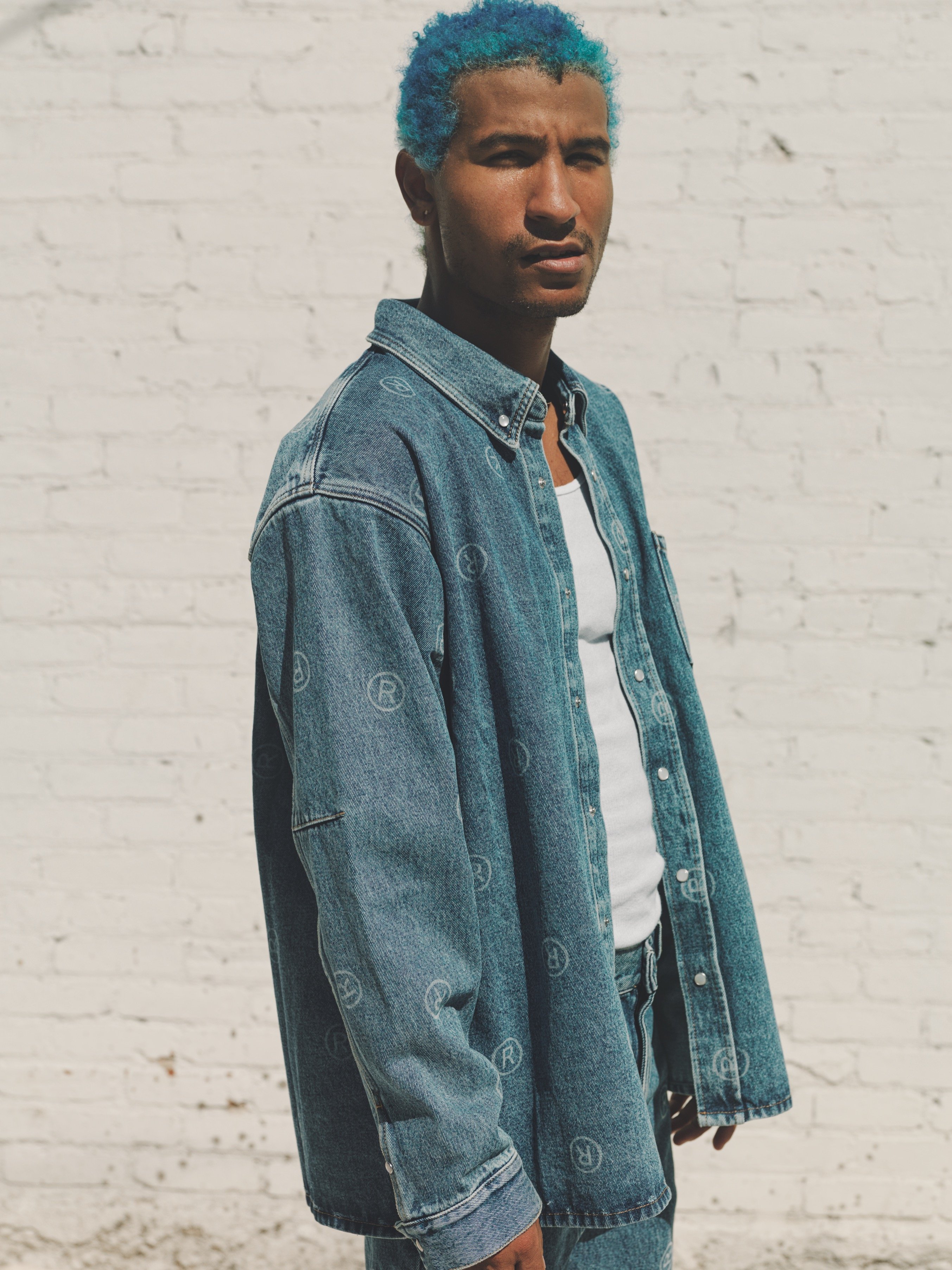 Martine Rose All Over Logo Snap Button Over Shirt - Blue Denim
