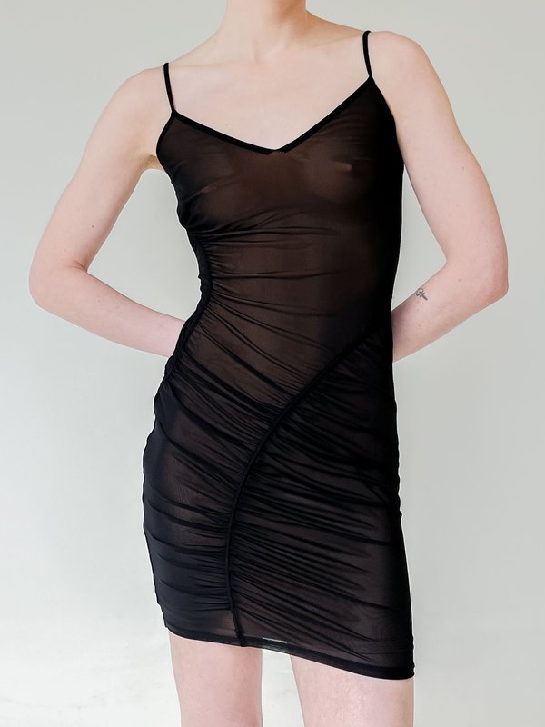 knee length dresses for ladies La Salle Ruched Mesh Maxi Dress Black– Selfie Leslie