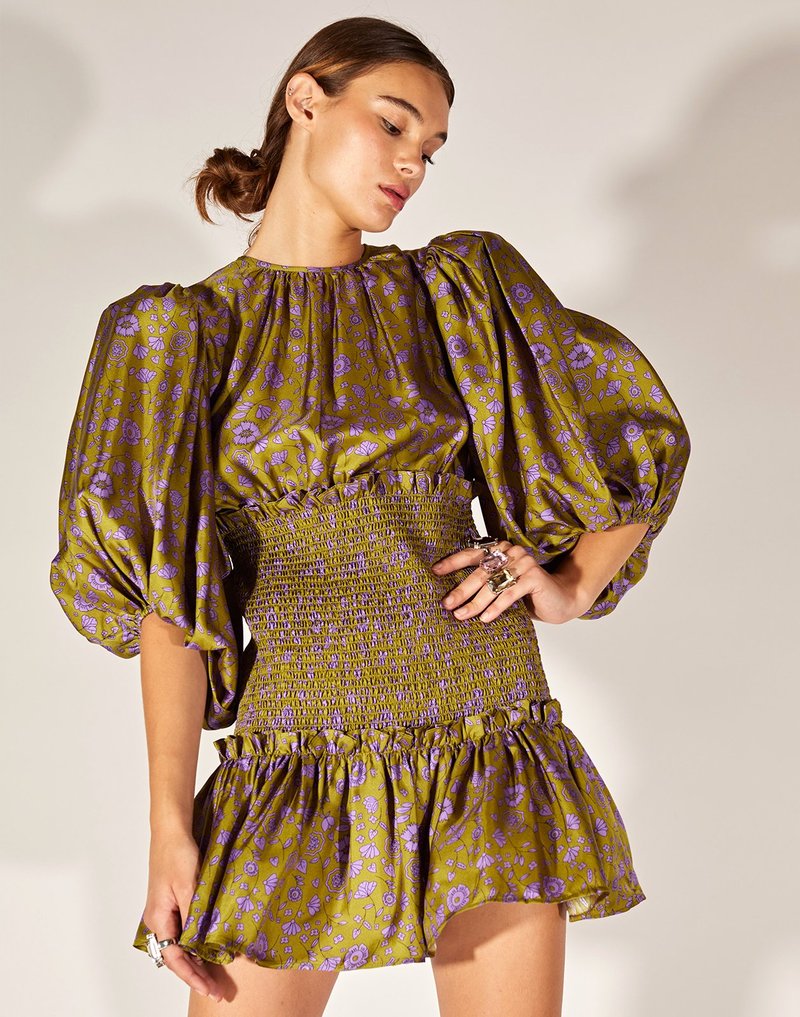 Cynthia Rowley Smocked Silk Twill Dress - Green/Purple | Garmentory