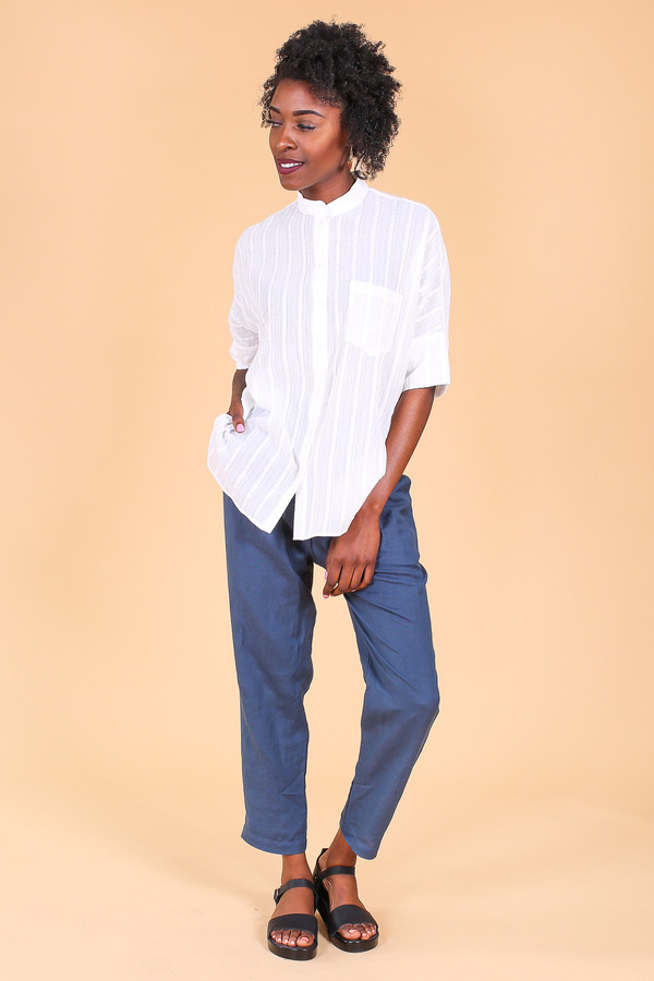 Steven Alan Oversized stand collar shirt in white gauze stripe
