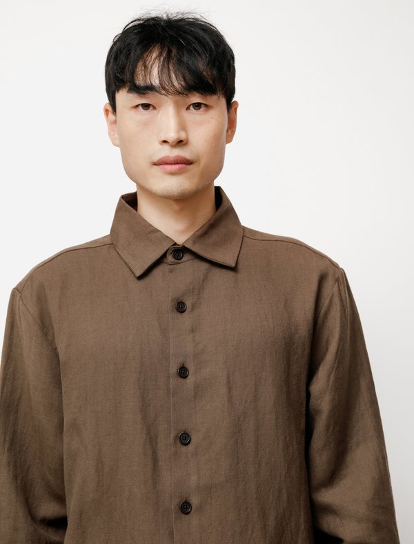 Evan Kinori Flat Hem Linen Wool Twill Shirt - Brown | Garmentory