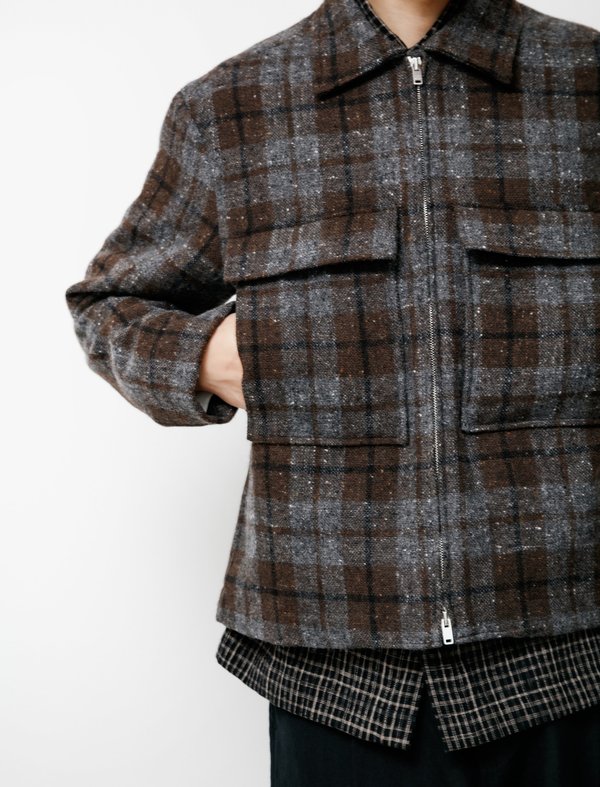 Evan Kinori Wool Donegal Tweed Check Zip Jacket - Gray/Brown
