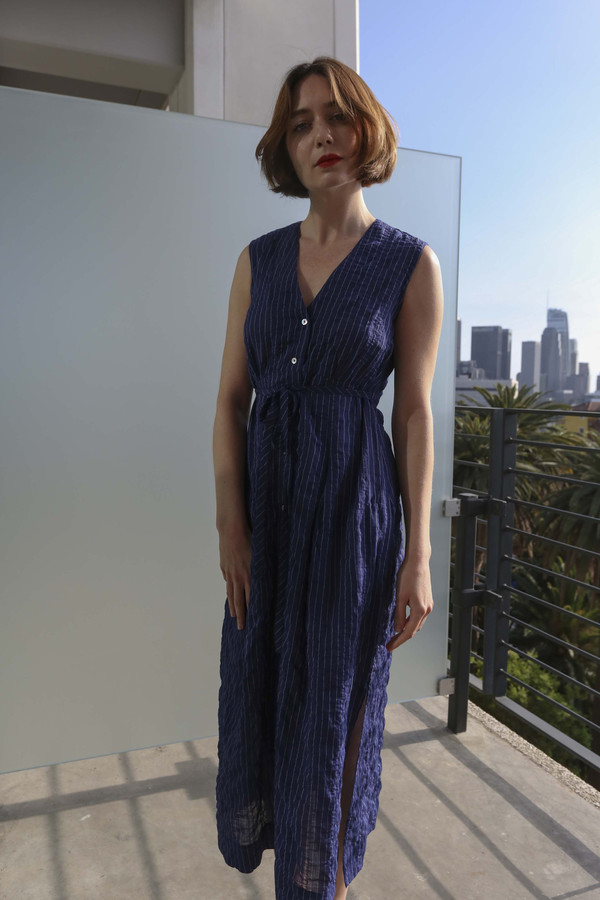 Horses Atelier Button Front Tie Dress in Japanese Pinstripe