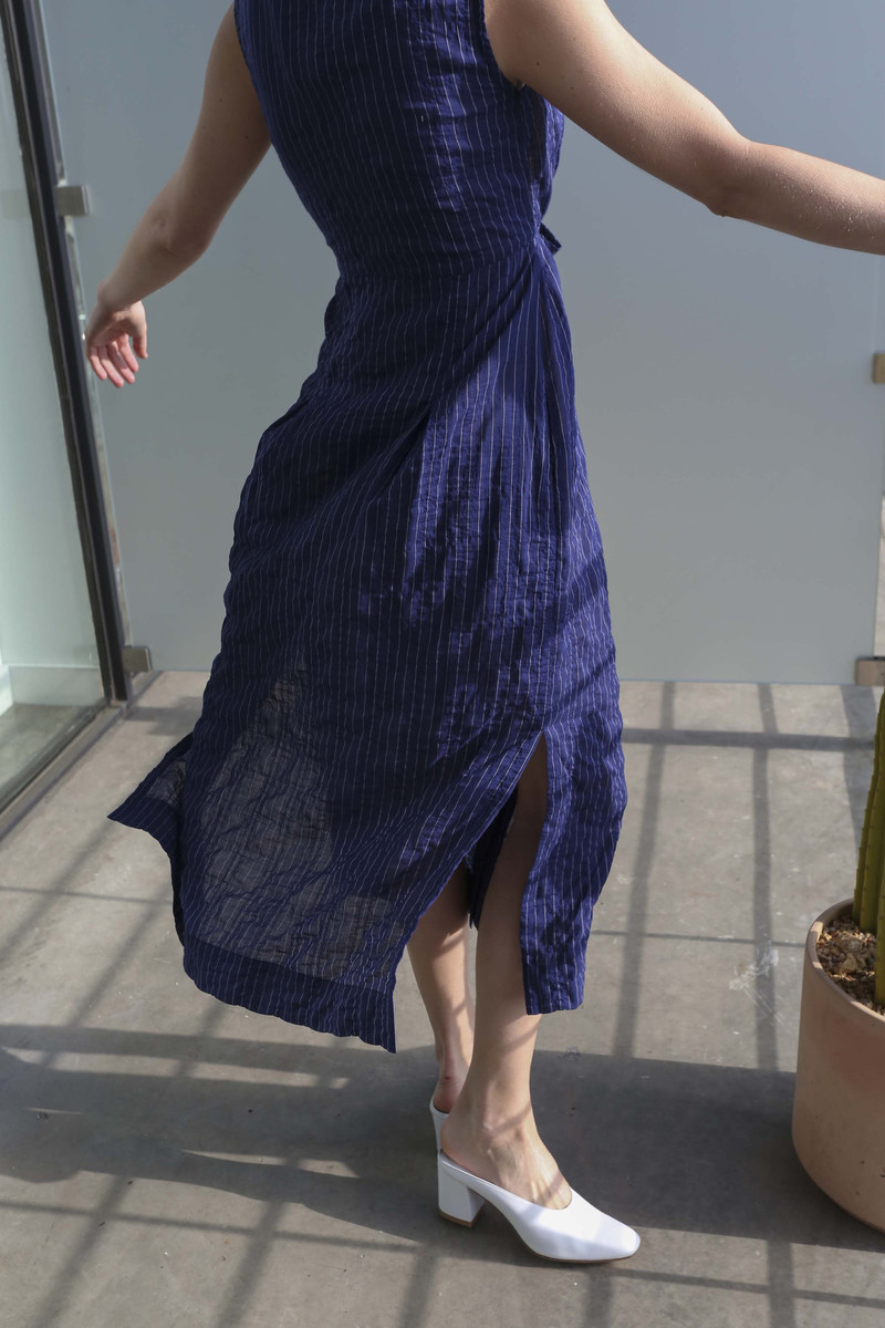 Horses Atelier Button Front Tie Dress in Japanese Pinstripe