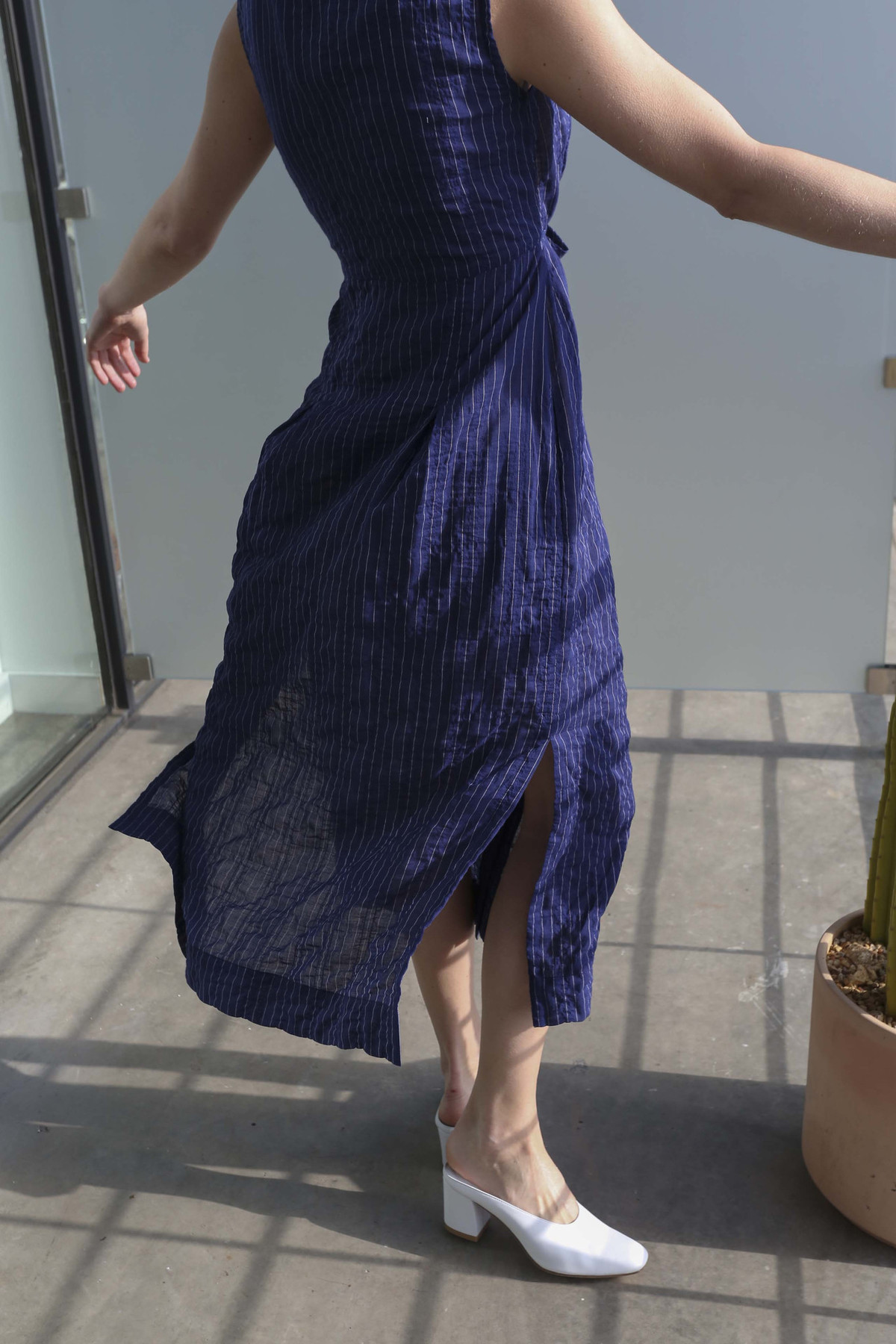 Horses Atelier Button Front Tie Dress in Japanese Pinstripe - Image 3 of 8