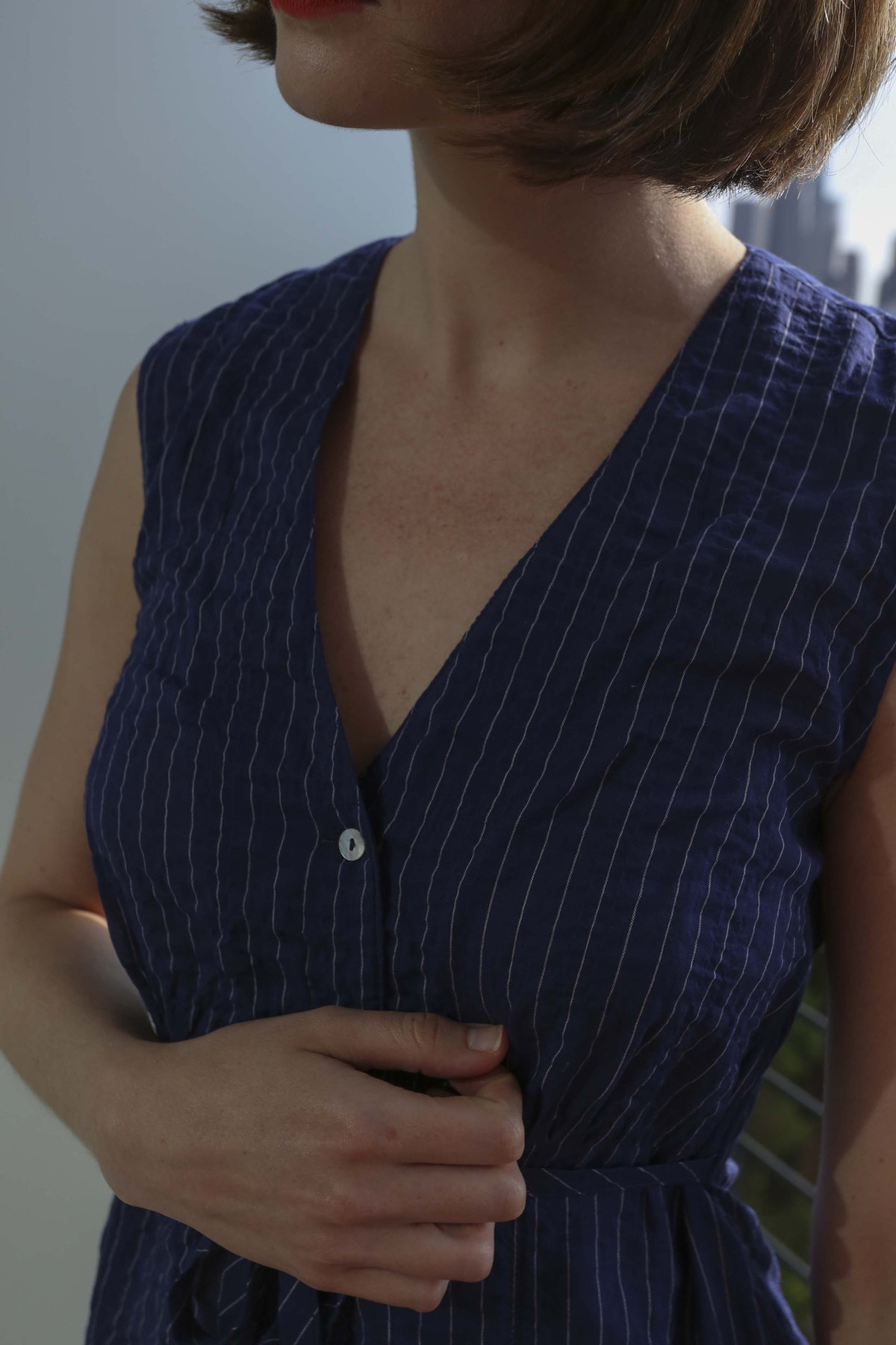 Horses Atelier Button Front Tie Dress in Japanese Pinstripe - Image 5 of 8