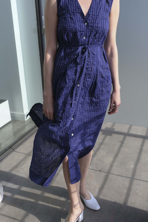 Horses Atelier Button Front Tie Dress in Japanese Pinstripe