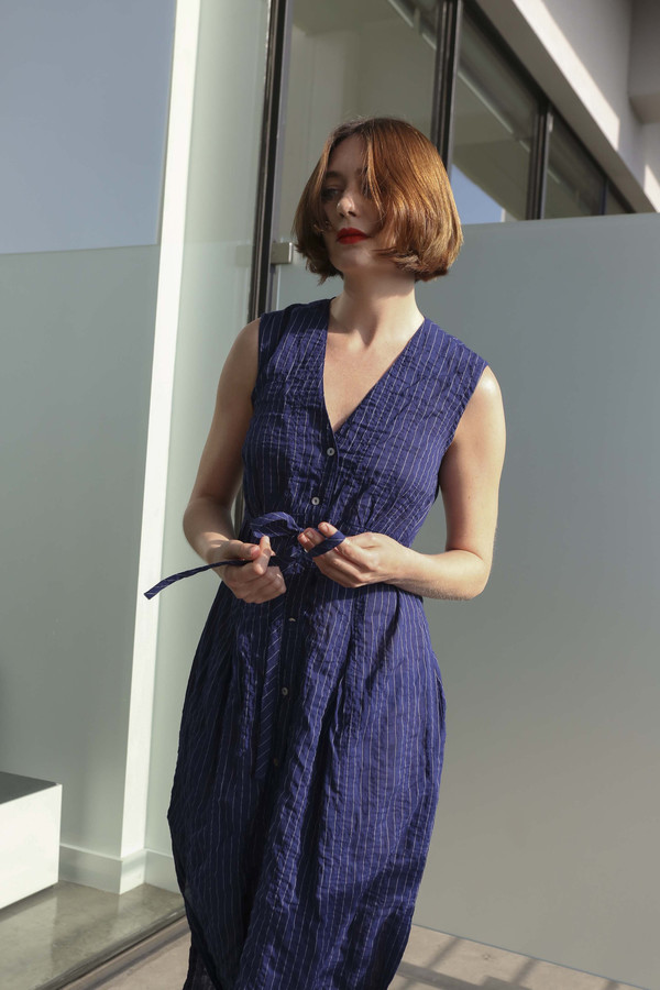 Horses Atelier Button Front Tie Dress in Japanese Pinstripe