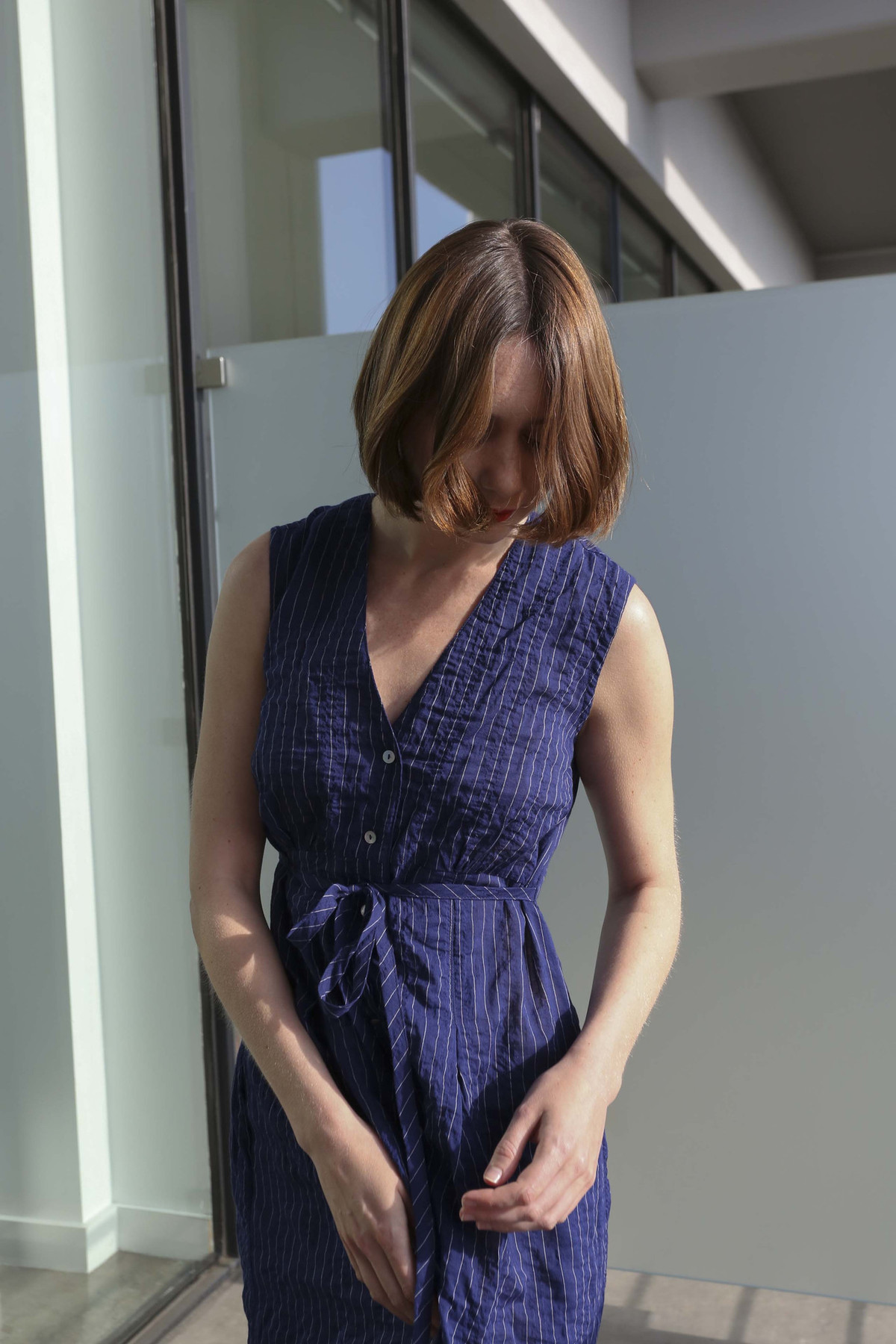 Horses Atelier Button Front Tie Dress in Japanese Pinstripe - Image 8 of 8