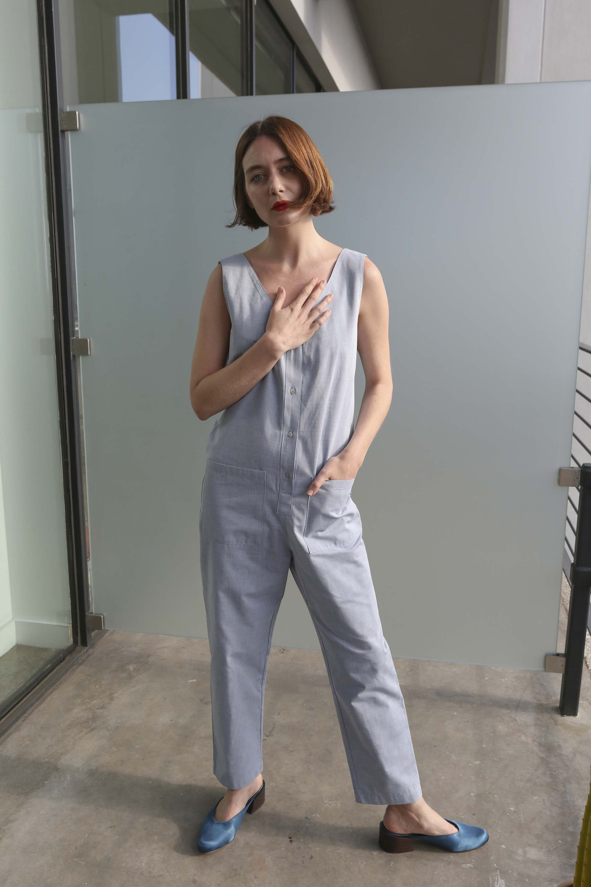 Horses Atelier Sleeveless Patch Pocket Jumpsuit in Blue Stripe - Image 1 of 8