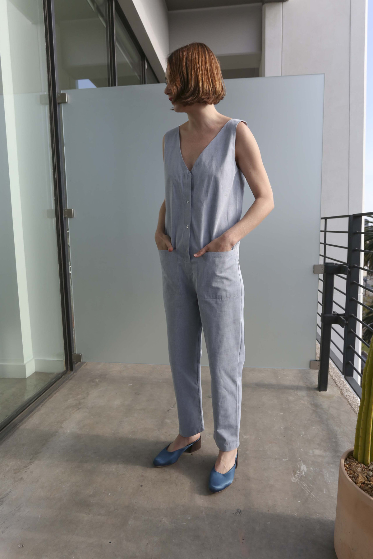 Horses Atelier Sleeveless Patch Pocket Jumpsuit in Blue Stripe - Image 4 of 8