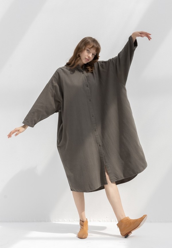 Black Crane Long Shirt Dress - Mud 