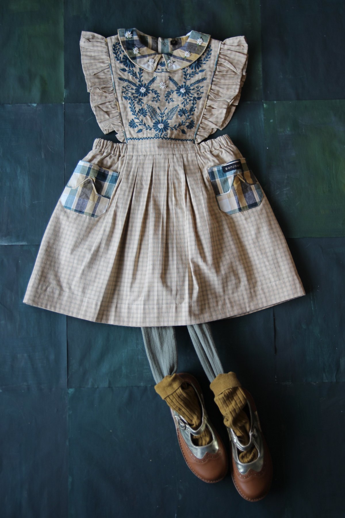 Kids Bonjour Apron Dress with Embroidery - Small Beige Check