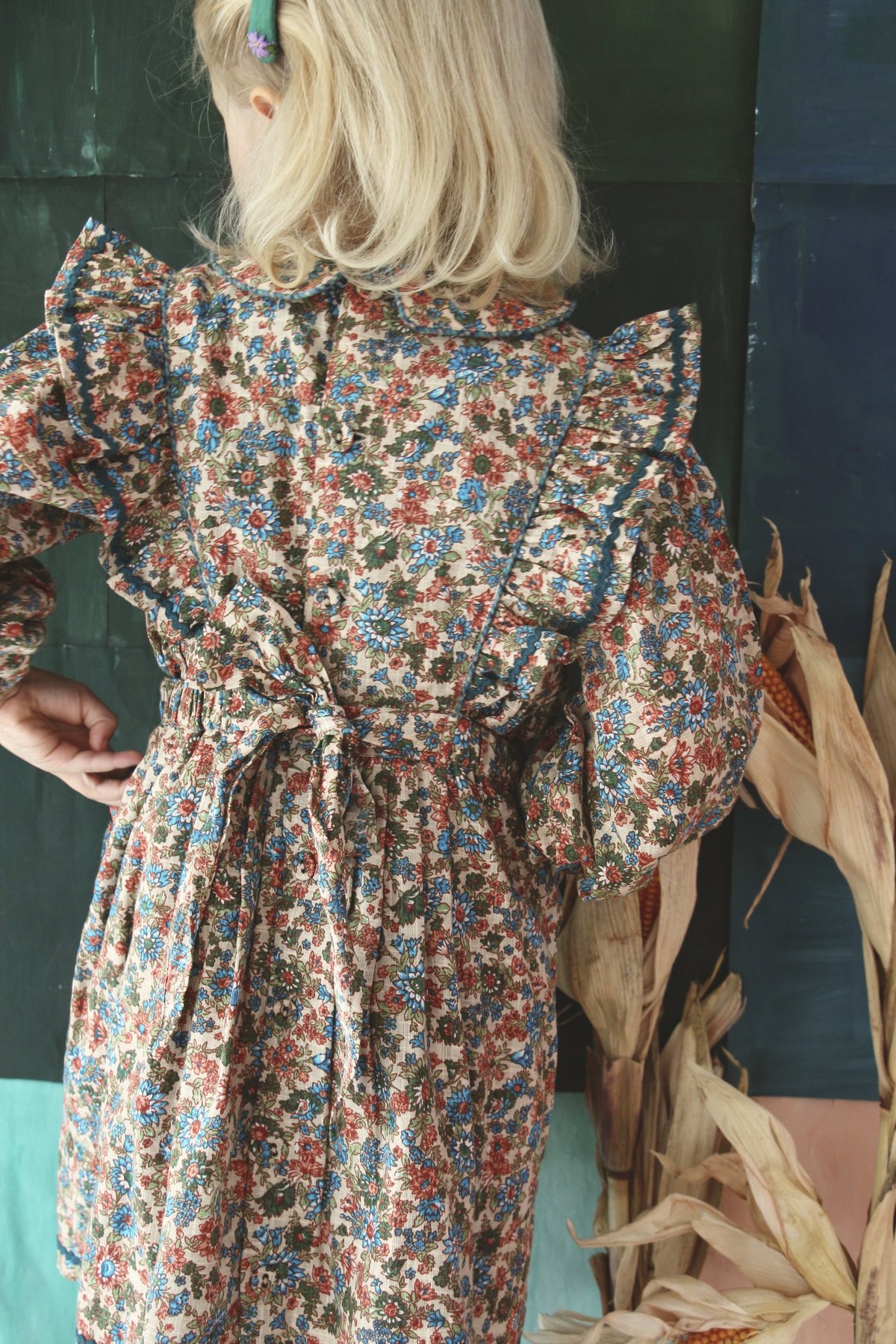 Kids Bonjour Apron Dress with Lace - Blue Flowers | Garmentory