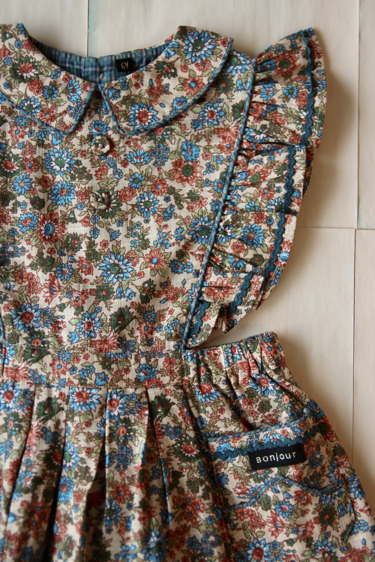 Kids Bonjour Apron Dress with Lace - Blue Flowers | Garmentory