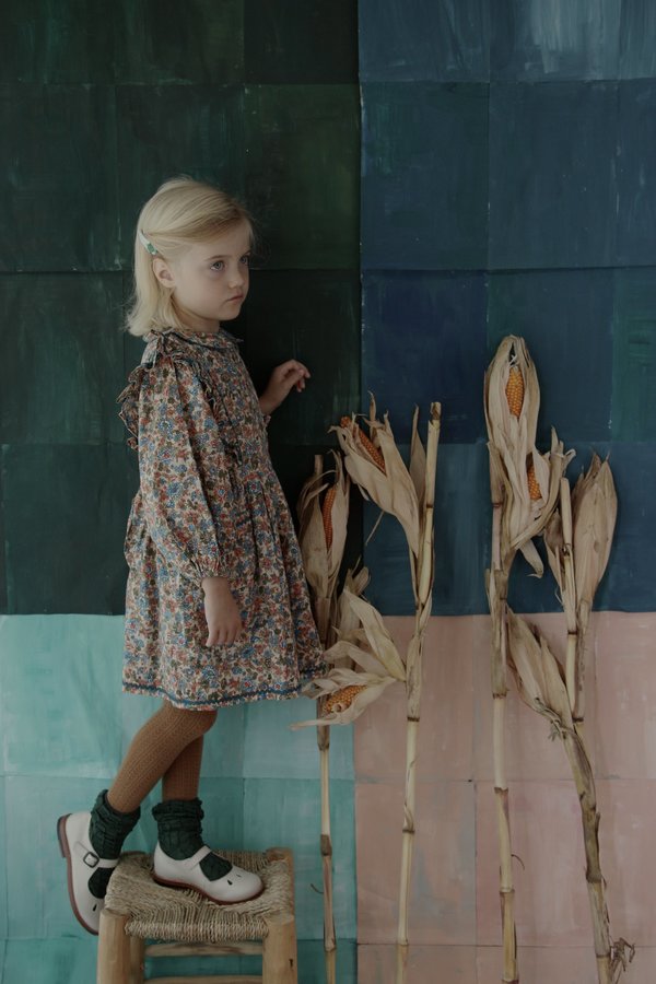 Kids Bonjour Apron Dress with Lace - Blue Flowers | Garmentory