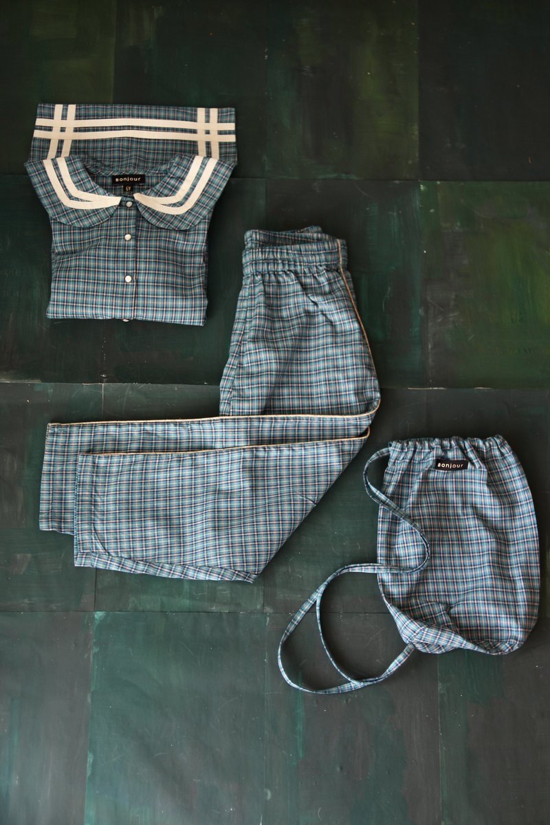bonjour diary pyjama set ＋bag 6y kids Bonjour Diary Sailor Blouse Pyjama Set sleepwear - Blue Check