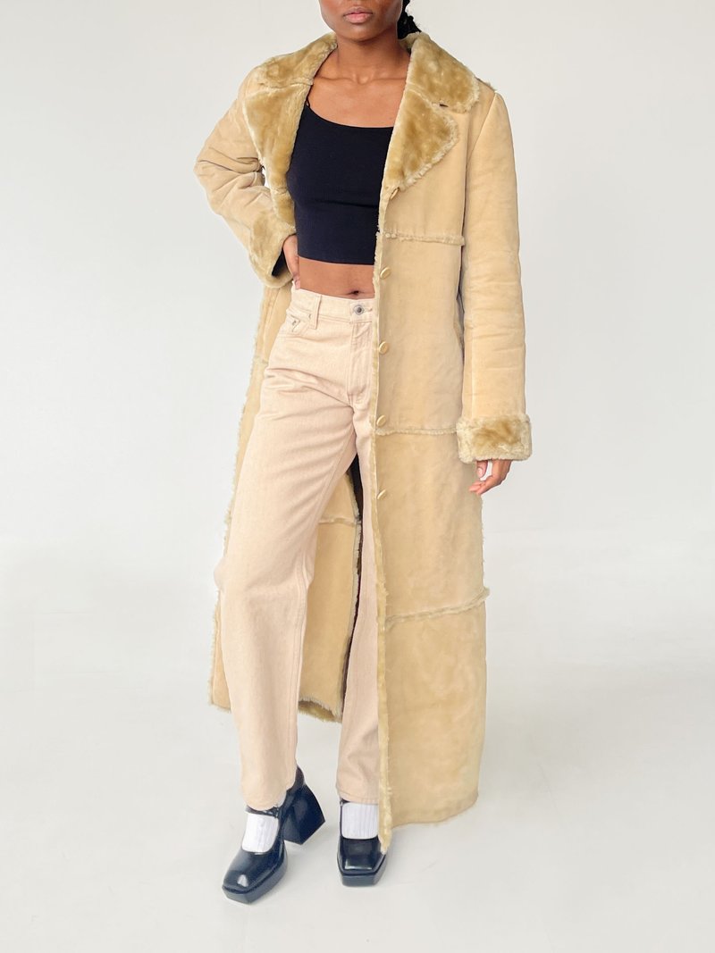 Shearling Trimmed Suede Coat / M