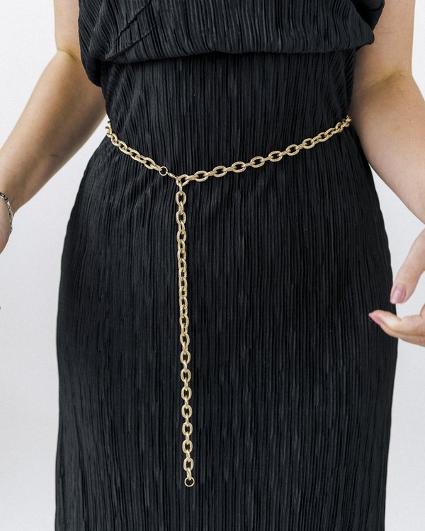 slim fit dress slacks Pleated Lame Maxi Dress with Gold Chain Belt – Noir Noir Fashion main image 0
