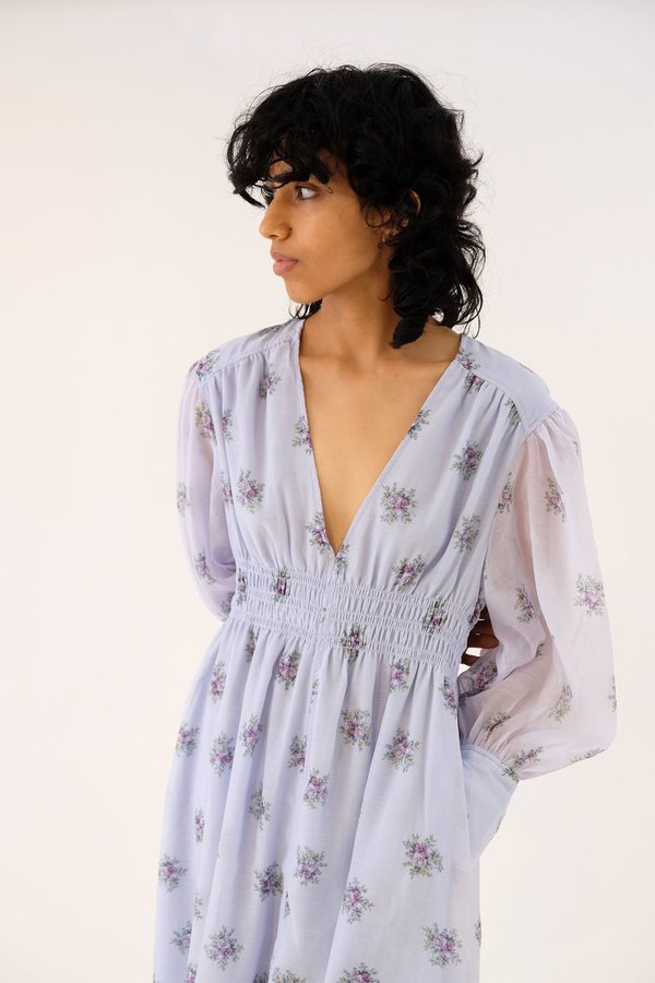 Ganni Organza Printed Smock Dress - Heather/Blue