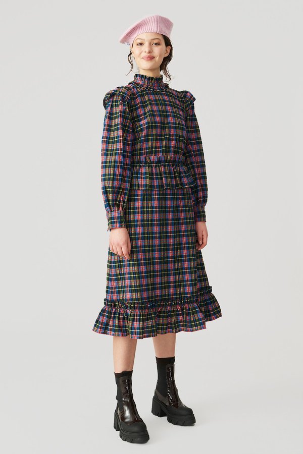 Ganni Seersucker Check Frill Dress - Black/Pink on Garmentory