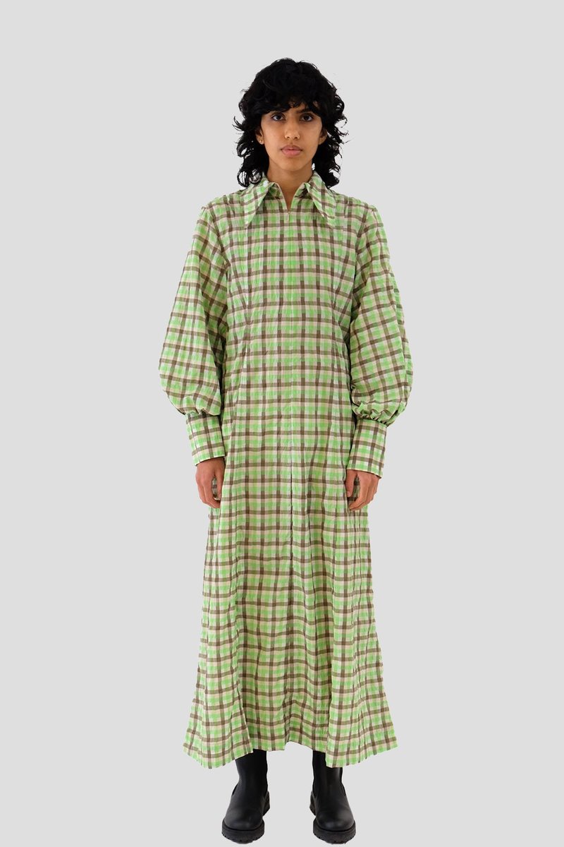 Ganni Seersucker Check Dress - Oyster Grey/Green | Garmentory
