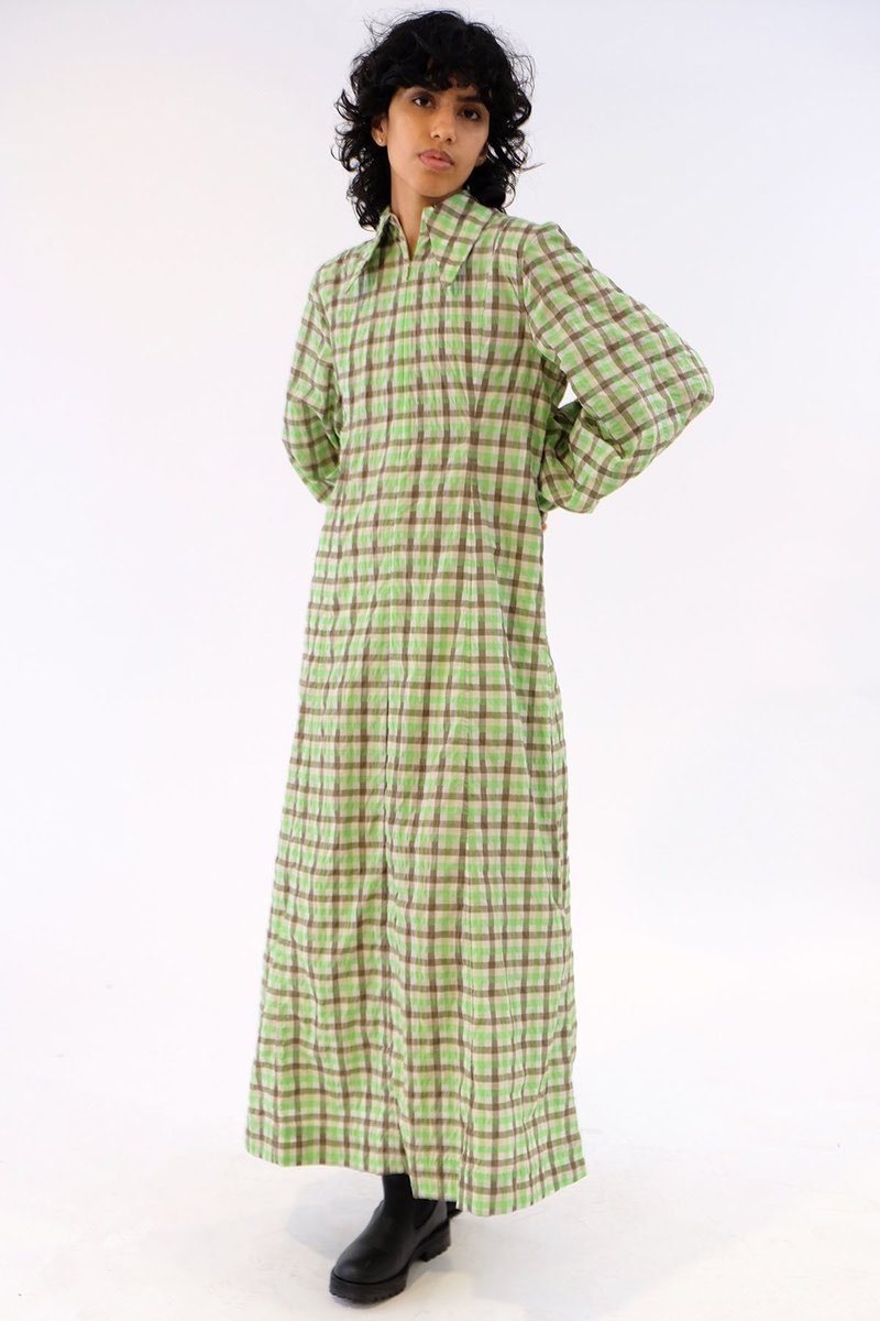 Ganni Seersucker Check Dress - Oyster Grey/Green | Garmentory