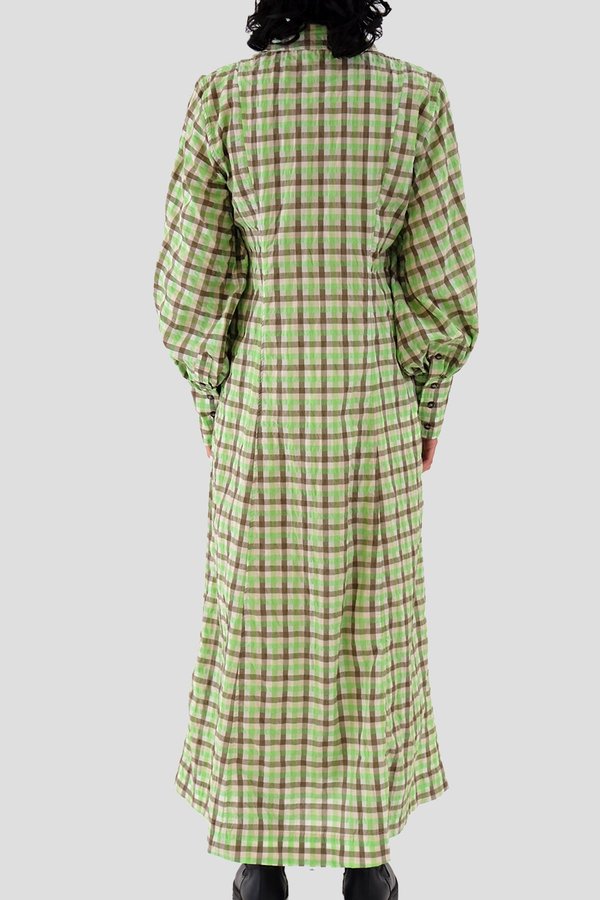 Ganni Seersucker Check Dress - Oyster Grey/Green | Garmentory