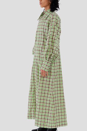 Ganni Seersucker Check Dress - Oyster Grey/Green | Garmentory